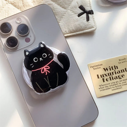 Korean Cute Cartoon Black Cat For Magsafe Magnetic Phone Griptok Phone Holder Stand Universal Phone Ring Grip Tok For iPhone 15