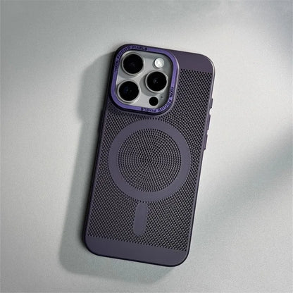 Honeycomb Grid Hole MagSafe Case for iPhone 16 15 Pro Max 14 Alloy Lens Summer Heat Dissipation Magnetic Back Cover PC Shell