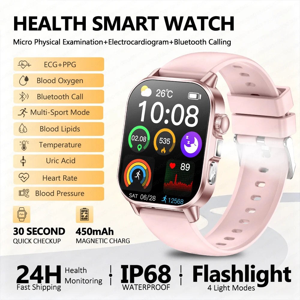 2026 New ECG Smart Watch Blood Pressure Blood Oxygen Uric Acid Monitoring IP68 Waterproof 450mAh Health Smart Watch Men Women