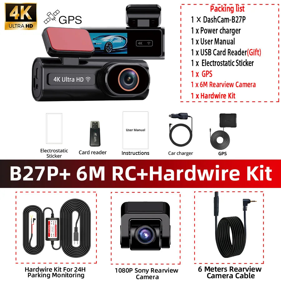 ACCEO Dash Cam WIFI GPS Mini CAR DVR Front 4K And Rear 1080P Dual Lens Black Box Room Camera Night Vision 24H Parking Monitor