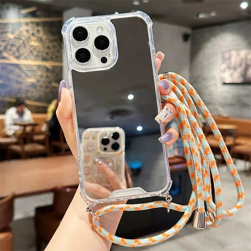 Crossbody Lanyard Mirror Phone Case For iphone 16 15 14 13 12 Mini 11 Pro Max XS XR SE 2 3 8 7 Plus Hard PC Back Cover