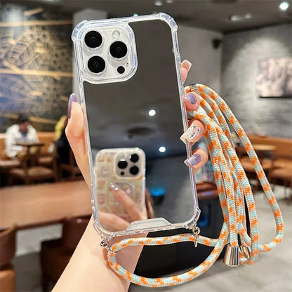 Crossbody Lanyard Mirror Phone Case For iphone 16 15 14 13 12 Mini 11 Pro Max XS XR SE 2 3 8 7 Plus Hard PC Back Cover