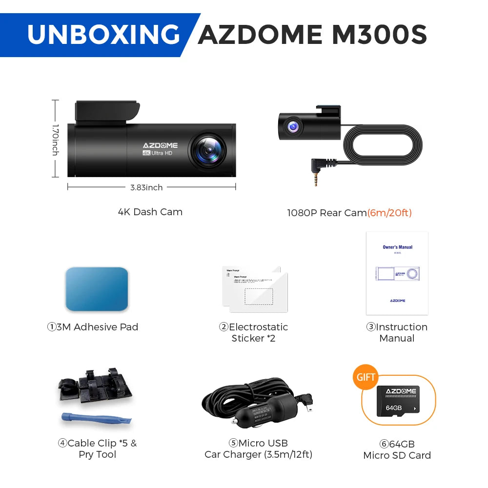 AZDOME Dash Cam M300S 4K+1080P Dual Dash Car Camera Built-in WiFi GPS ADAS Car DVR 24H Parking Mode Night Vision Black Box