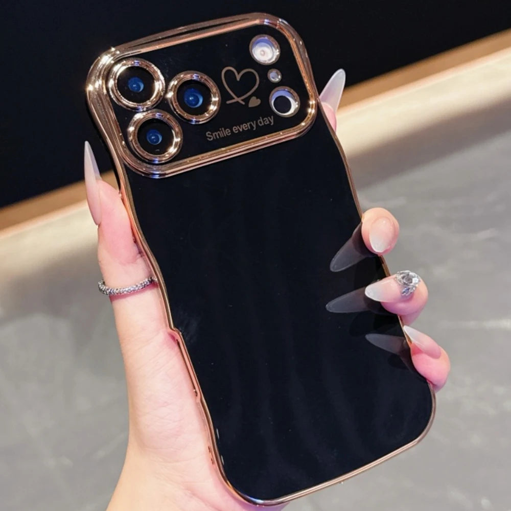 Luxury Plating Love Heart Wavy Border Phone Case For iPhone 17 16 15 14 13 12 11 Pro Max Plus 16E Air Shockproof Bumper Cover