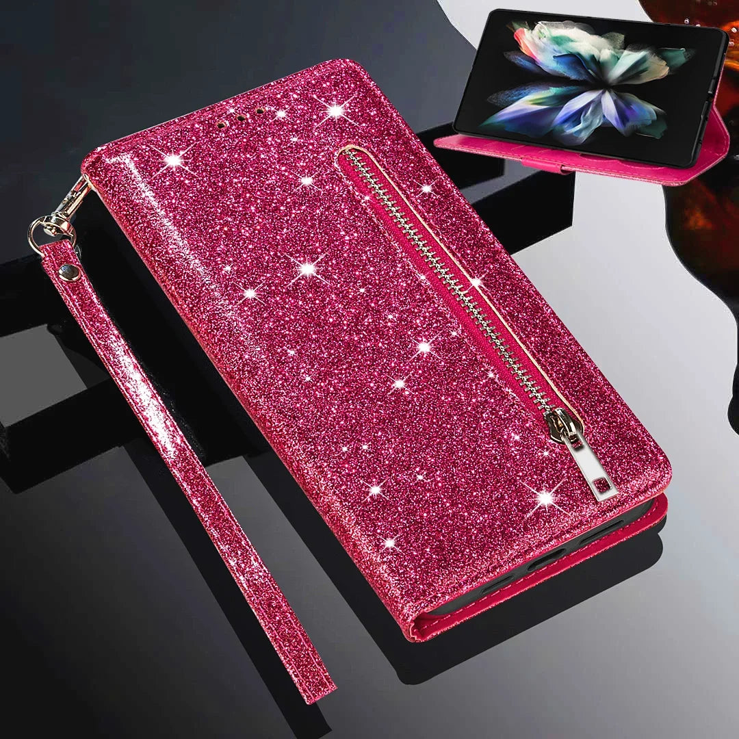 Zipper Glitter Leather Wallet Flip Case For Samsung Galaxy Z Fold 6 5 4 3 5G Cover Fold4 Bling Card Solt Pocket Purse Book Coque