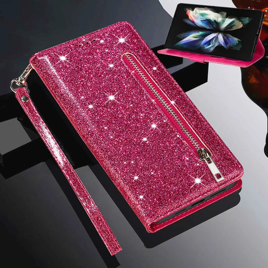 Zipper Glitter Leather Wallet Flip Case For Samsung Galaxy Z Fold 6 5 4 3 5G Cover Fold4 Bling Card Solt Pocket Purse Book Coque