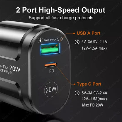 2 Ports USB Charger Quick Charge 3.0 PD 20W Type C Phone Charger Fast Charging Adapter For iPhone 13 12Pro Huawei Xiaomi Samsung