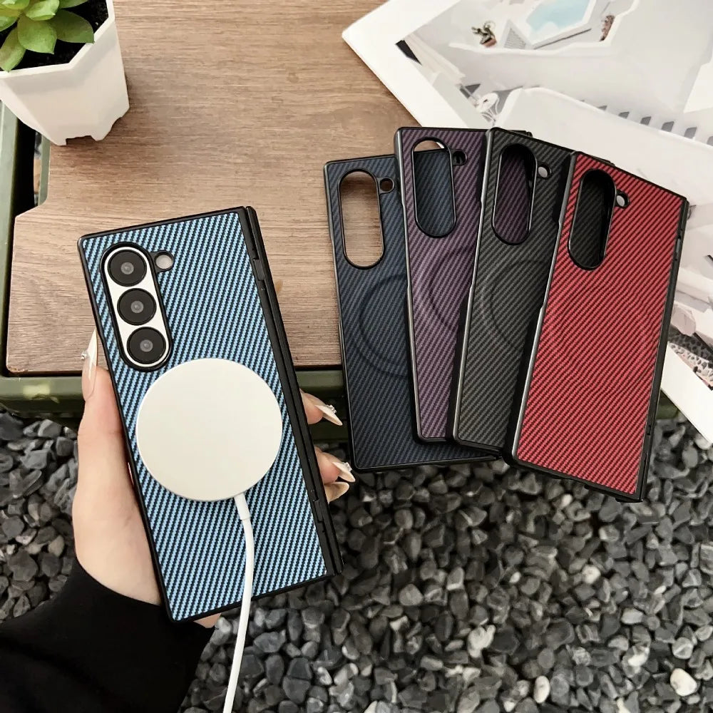 Premium Fiber Pattern Matte Phone Cases for Samsung Galaxy Z Fold 7 6 5 4 Shockproof Magnetic Wireless Charge Protective Cover