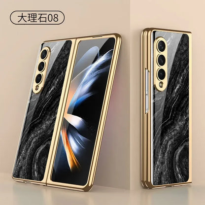 Luxury Plating Frame Case For Samsung Galaxy Z Fold 4 5G Painted Pattern Tempered Glass Hard Cover For Galaxy Z Fold5 4 3 Case