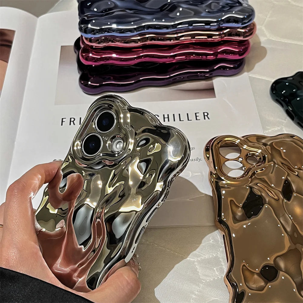 Glossy Wrinkle Plating Wave Border Phone Case for iPhone 16 15 Pro Max Plus 11 12 13 14 Meteorite Pattern Soft Silicone Cover