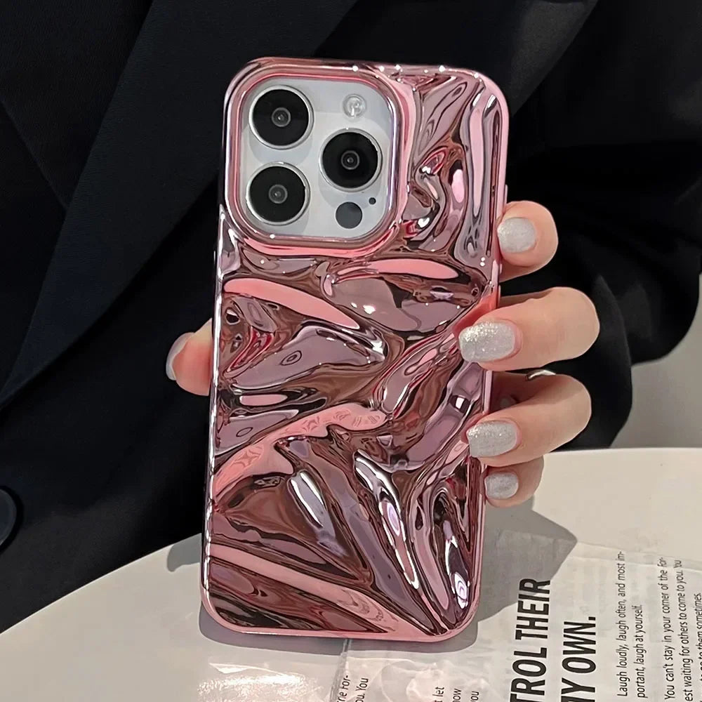 Luxury Electroplate Silvery 3D Wrinkle Phone Case For iphone 16 15 14 13 11 12 Pro Max Purple Water Ripple Shockproof Soft Cover
