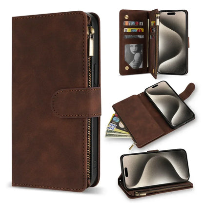 Wallet Multi-card Zipper Kickstand Magnetic Flip Leather Case For iPhone 16 Pro Max 15 Plus 14 13 Mini 12 11 SE 2 X XS XR 8 7 6s