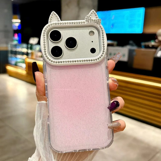 Cute Rabbit Ear Phone Case For iPhone 17 Pro Max Glitter Diamonds Cover For iPhone 15 Pro 16 Pro Max 14Pro 13 Protective Cases