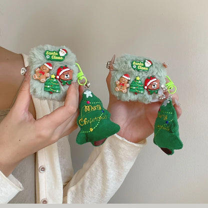 Cute 3D Xmas Cartoon Plush Earphone Case for AirPods 4 3 Pro 2 1, Merry Christmas Tree Pendant Bear Santa Claus Protective Cover