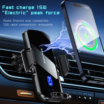 Wireless Car Phone Holder Stand 15W Fast Charge Touch Control Air Vent Phone Bracket Tempered Glass Panel for iPhone Android