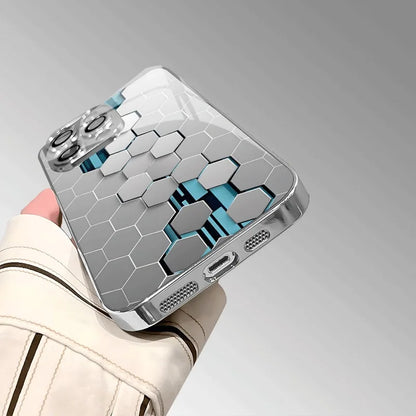 Silver Gradient Honeycomb Pattern Glass Electroplated Phone Case For iPhone 17 16 15 Pro Max 14 Plus 13 12 11 16E 17 Air Cover