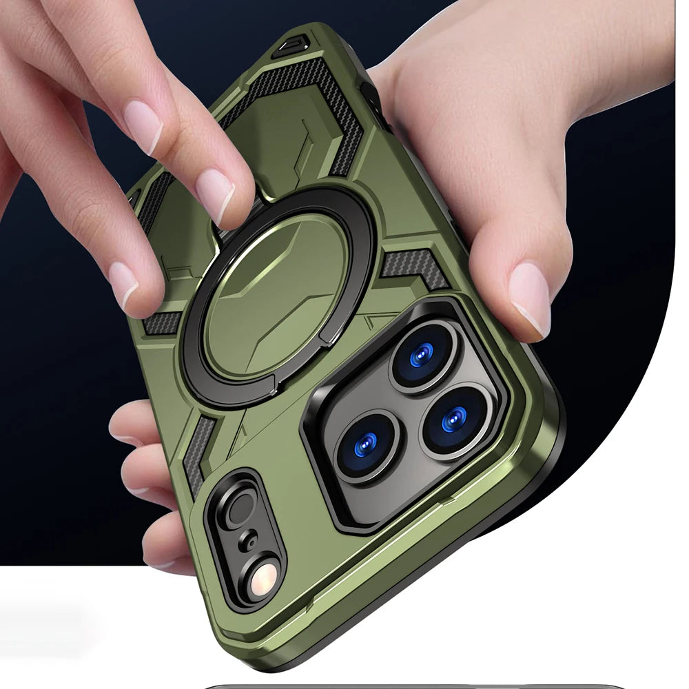 Luxury For Magsafe Wireless Charging Magnetic Armor Case For iPhone 17 Air 16E 16 15 14 13 12 11 Pro Max Plus Ring Stand Cover