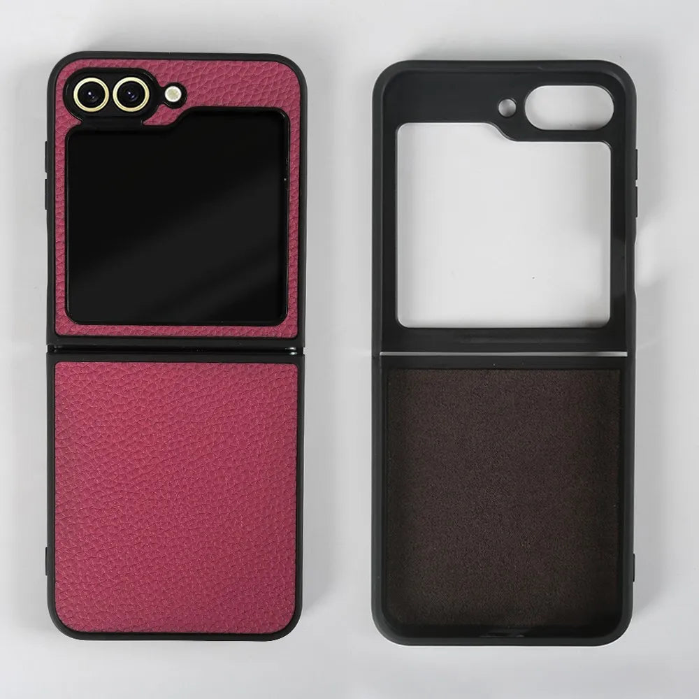 Luxury Genuine Leather Case For Samsung Galaxy Z Flip6 Cases for galaxy Z Flip 6 phone Cover Litchi Pattern Cowhide Coque Shell