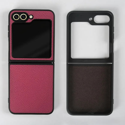 Luxury Genuine Leather Case For Samsung Galaxy Z Flip6 Cases for galaxy Z Flip 6 phone Cover Litchi Pattern Cowhide Coque Shell