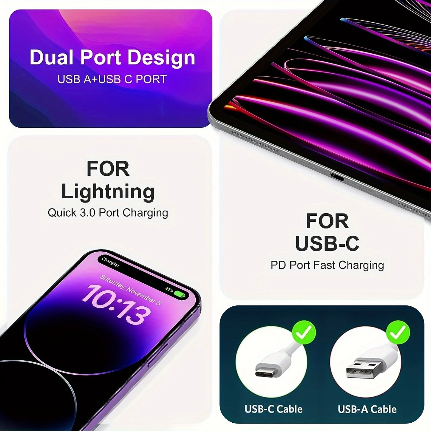 20W dual wall charger with 6-foot QC+PD 3.0 USB C power adapter, suitable for iPhone 14/14 Pro/13/15/15 Pro/XS/XR