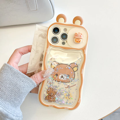 Phone Case For IPhone 17 17Pro 17ProMax 12 13 16 15 14 11 Pro Max Plus Quicksand Ears Rilakkuma Sliding Window Phone Back Cover