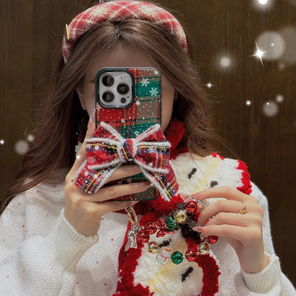3D knitted Christmas  Bowknot Plaid Pattern Cartoon Cute With Bracelet Phone Case For iPhone 15 14 13 16 Pro Max Bumper Cover