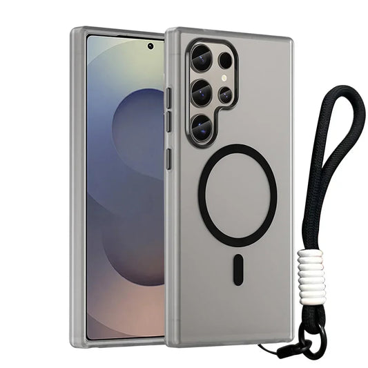 For Magsafe Matte Candy Wrist Strap Phone Cases For Samsung Galaxy S24 S25 Ultra Plus S24 FE Lanyard Magnetic Shockproof Cover