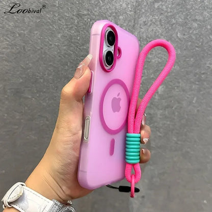 for Magsafe Candy Color Contrast Lanyard Case for iPhone 16 15 Pro Max 14 Plus 11 12 13 16e Hand Wrist Strap Matte Soft Cover