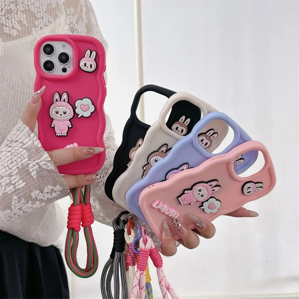 Cartoon Wrist Strap Phone Case for IPhone 17 Air 16 15 14 13 12 11 Pro Max XS X  XR 7 8 Plus Silicone Soft  Protective Cover