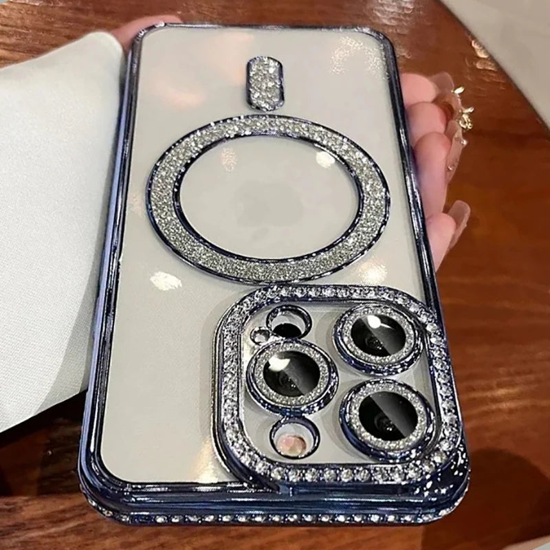 New Fashion Glitter Diamond Transparent Case For iPhone 16 15 14 13 17 12 Pro Max 16 Plus Magnetic Wireless Charge Bumper Cover