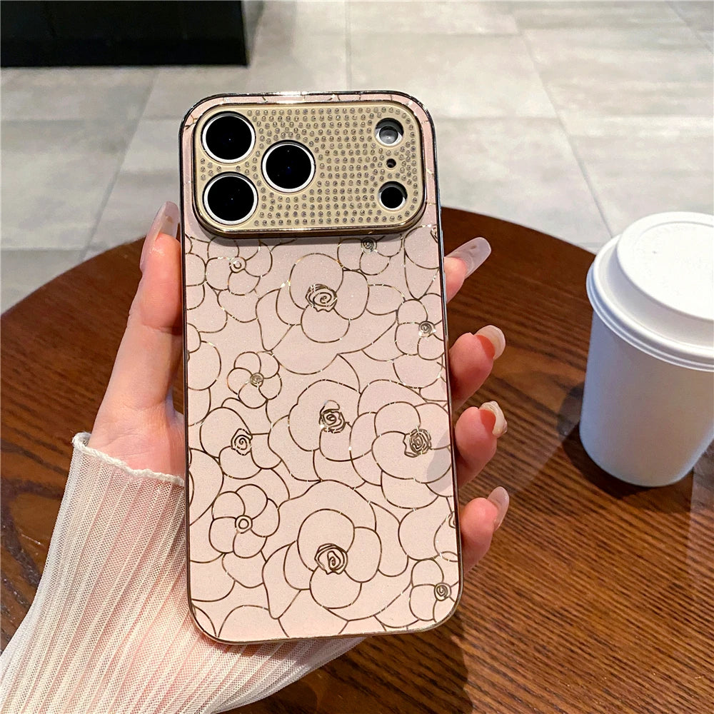 Luxury Plating Diamond Cover Glitter Gold Line Rose Flower Phone Case for iphone 17 PRO MAX 17 AIR 16 PRO MAX 16E 13 14 15 Plus