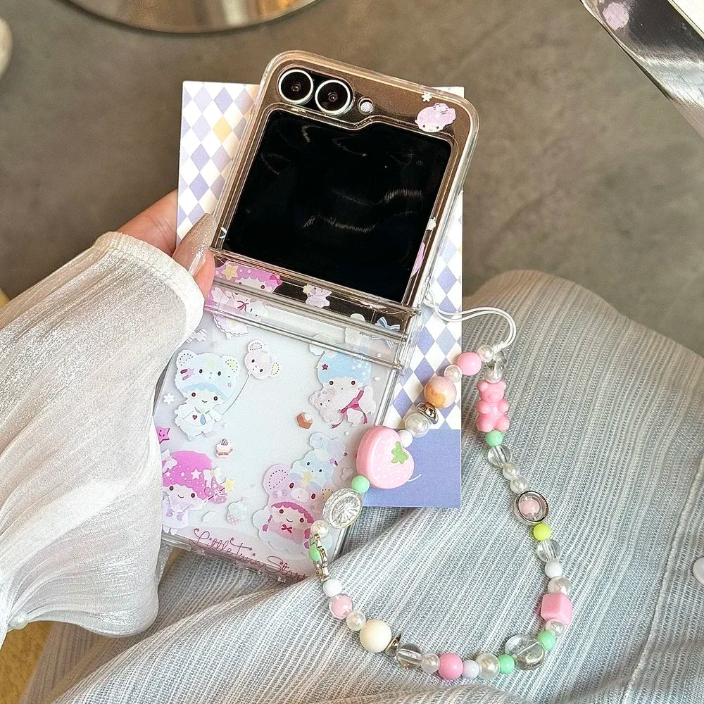 Cute Cartoon Sanrio Hello Kitty Stand Holder Phone Case For Samsung Galaxy Z Flip 7 6 5 4 3 Case Soft TPU Cover With Lanyard