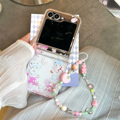 Cute Cartoon Sanrio Hello Kitty Stand Holder Phone Case For Samsung Galaxy Z Flip 7 6 5 4 3 Case Soft TPU Cover With Lanyard