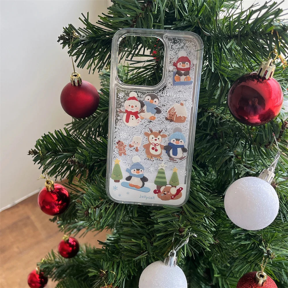Cute Cartoon Santa Claus Snowman Shake Quicksand 3D Bling Glitter Phone Cover For iPhone 16 14 13 15Pro Max Christmas Case