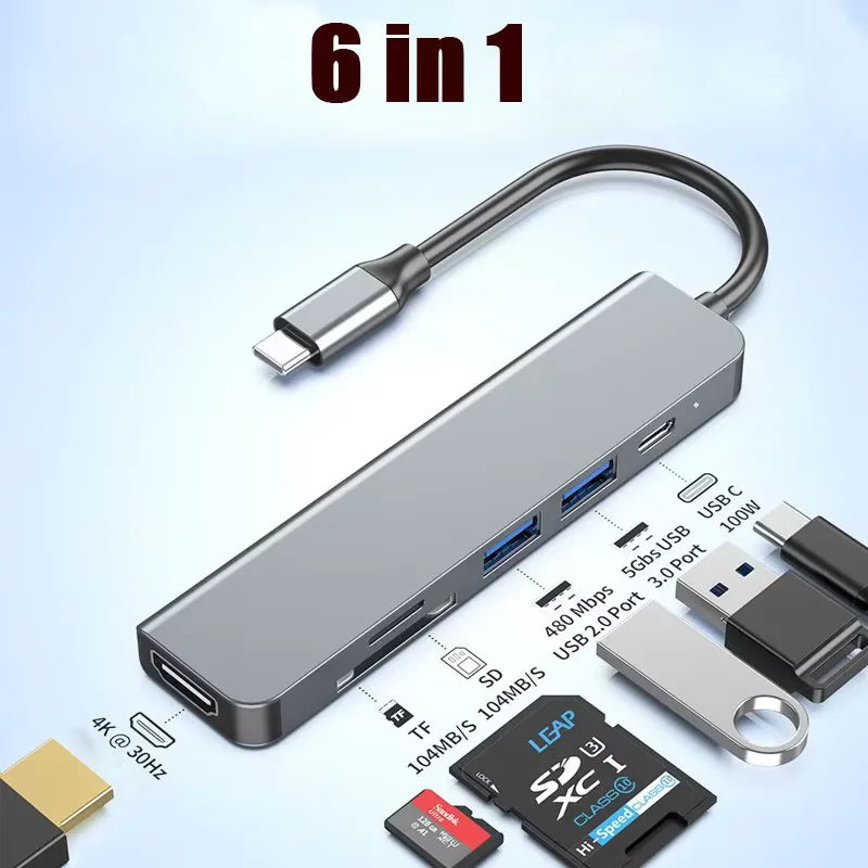 6 Ports USB C Hub to 4K HDMI-Compatible SD TF Card Reader USB 3.0 2.0 HUB Type C Charging Docking for MacBook iPad Samsung