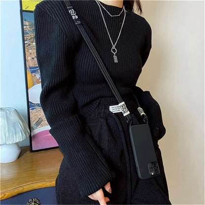 Fashion Crossbody Lanyards Necklace Liquid Silicone Case For iPhone 16 15 14 13 11 12 Pro Max Mini XS XR X 8 7 Plus Matte Cover