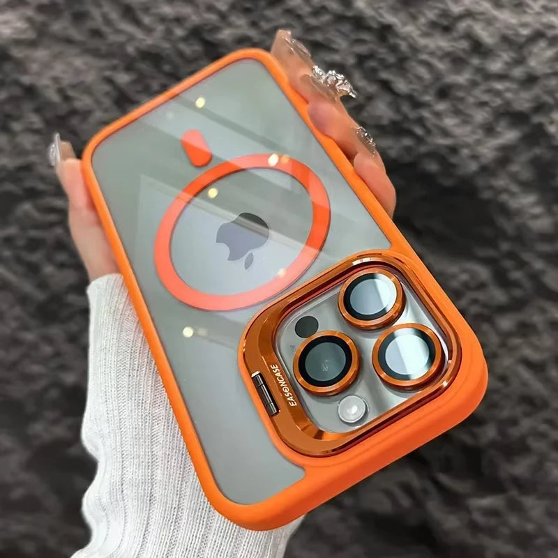 Luxury Magnetic Shockproof Phone Case For iPhone 16 Pro Max 15 14 13 12 11 17 Air For Magsafe Stand Glass Lens Protector Cover