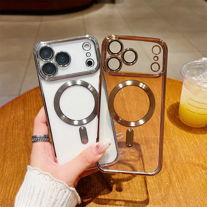 Luxury Plating Clear Case For iPhone 17 Air 16 15 14 13 12 11 17 Pro Max Shockproof Transparent Magnetic For Magsafe Lens Cover