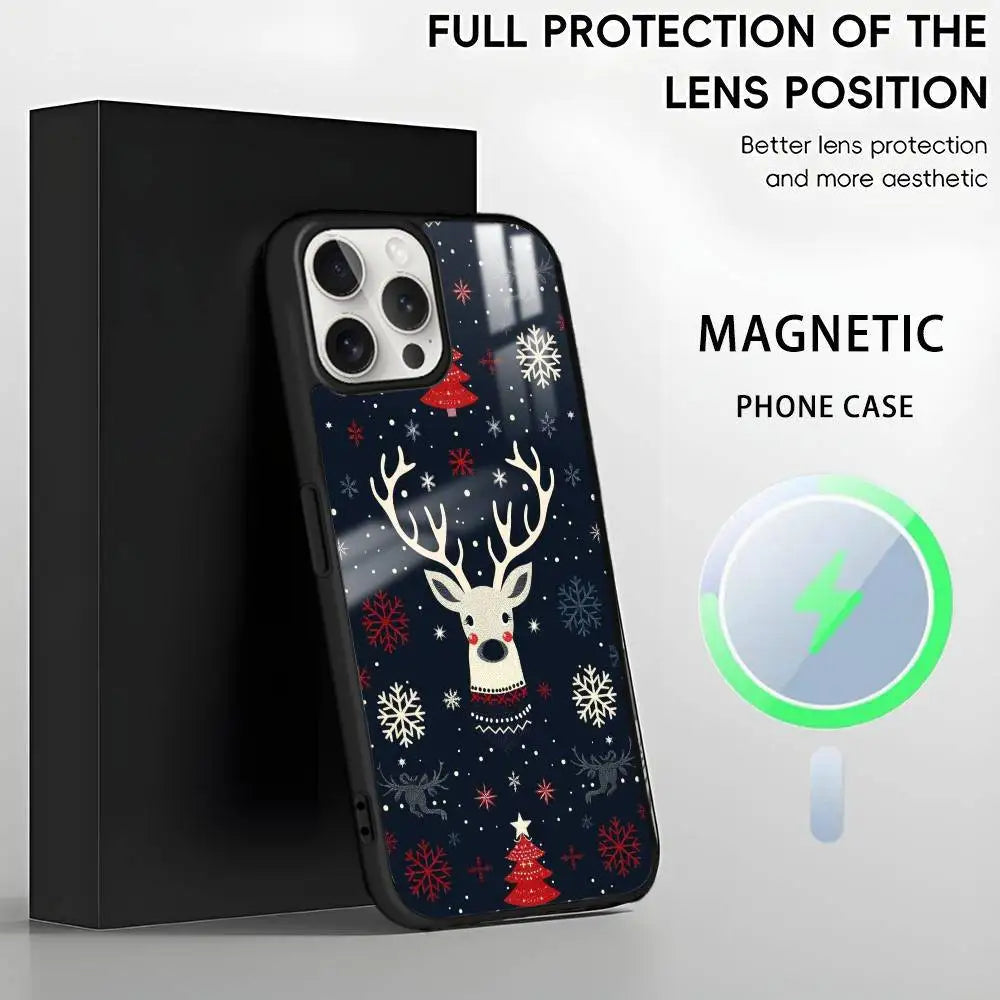 Christmas Reindeer phone case for iPhone 17 16 15 14 13 12 11 Pro Max Plus Mini Magsafe Magnetic Wireless Mirror Funda