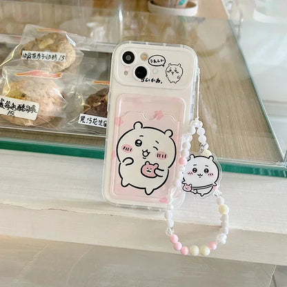 Cute Cartoon Japan Anime Chiikawa Card Wallet Pocket Phone Case For iPhone 16 15 14 13 12 11 Pro Max Cover With Lanyard
