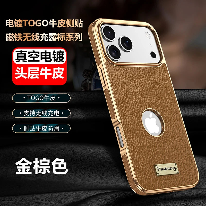 Luxury Togo Calfskin Genuine Leather Case view Window of apple logo cover For iPhone 17 16 15 14 Pro Max 17 Air Cases skin Funda