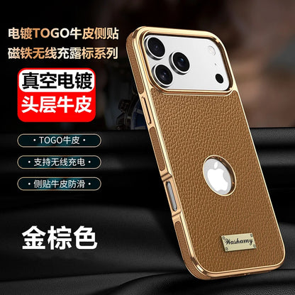 Luxury Togo Calfskin Genuine Leather Case view Window of apple logo cover For iPhone 17 16 15 14 Pro Max 17 Air Cases skin Funda
