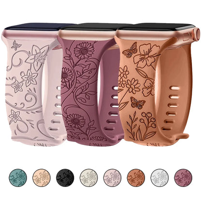 Engraved Band for Apple Watch Strap 46mm 44mm 42mm 41mm 40 45mm Ultra 3 2 49mm Floral Bracelet Iwatch Series 11 10 9 8 7 SE 6 5