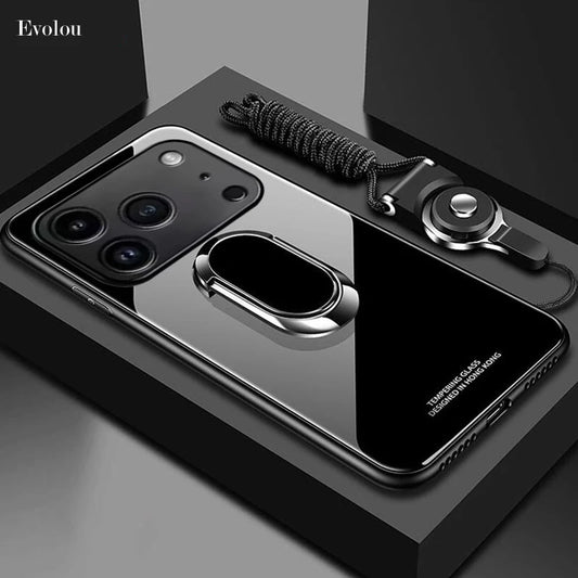 For iphone 17 Air 17 Pro Max Cases Magnet Ring Stand Phone Case For iphone 16E 15Plus 14Pro Max Mirror Tempered Glass Back Cover