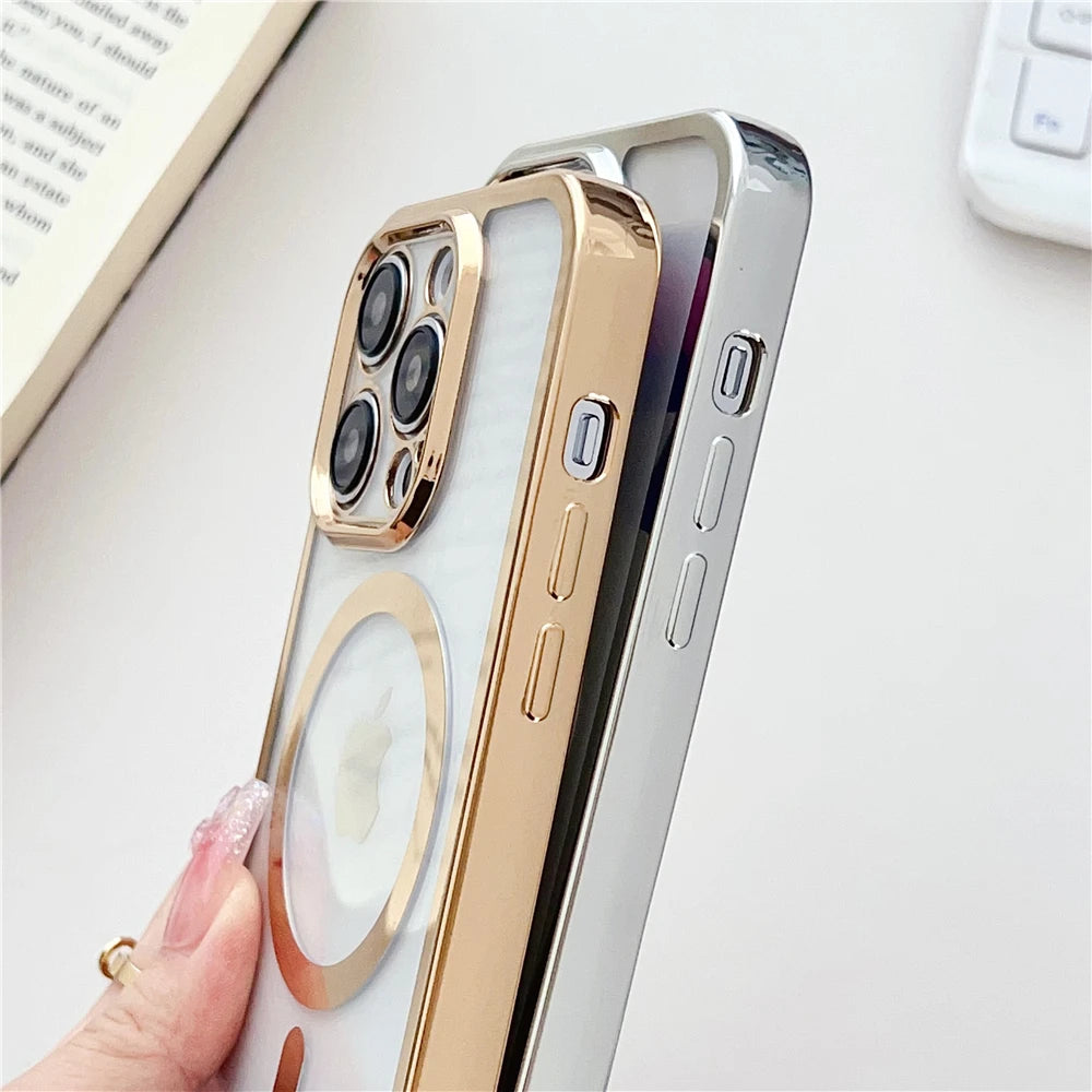 Luxury Necklace Cord Rope Lanyard Plating Magnetic Clear Phone Case For iPhone 16 14 11 12 13 15 Pro Max For Magsafe Soft Coverd