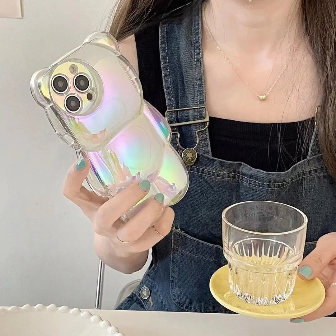 Ins Cute 3D Aurora Cartoon Bear Case For iPhone 11 13 12 14 15 16 Pro Max 16 Plus Colorful Laser Rainbow Gradient Soft Cover