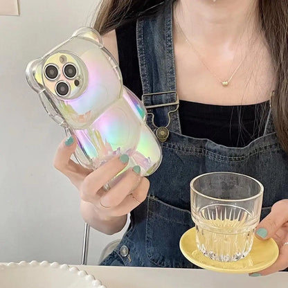 Ins Cute 3D Aurora Cartoon Bear Case For iPhone 11 13 12 14 15 16 Pro Max 16 Plus Colorful Laser Rainbow Gradient Soft Cover