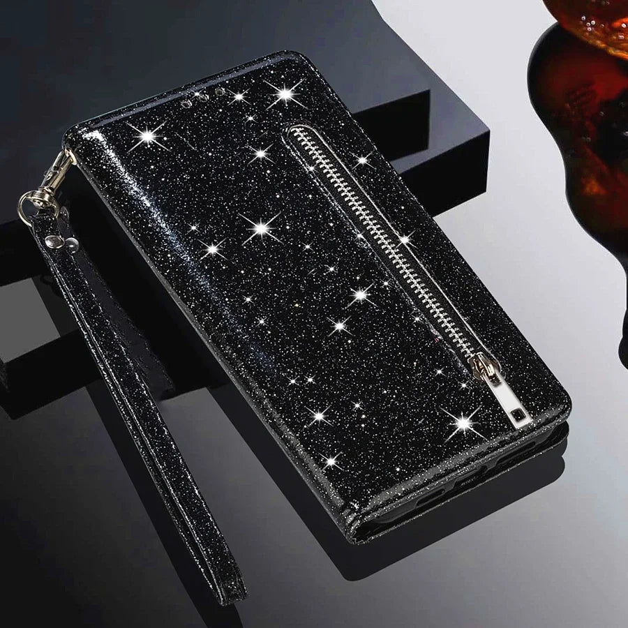 Zipper Glitter Leather Wallet Flip Case For Samsung Galaxy Z Fold 6 5 4 3 5G Cover Fold4 Bling Card Solt Pocket Purse Book Coque