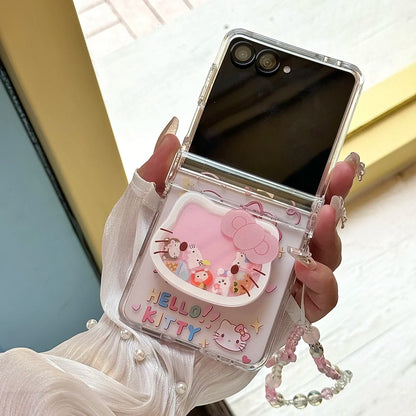 Cute Cartoon Sanrio Hello Kitty Stand Holder Phone Case For Samsung Galaxy Z Flip 7 6 5 4 3 Case Soft TPU Cover With Lanyard