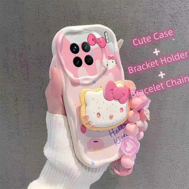 Kuromi Hello Kitty Bracket Bracelet Phone Case For IPhone 16 15 Pro Max 14 11 12 13 Mini XR 8 7 Plus X XS SE Sanrio Cute Cartoon